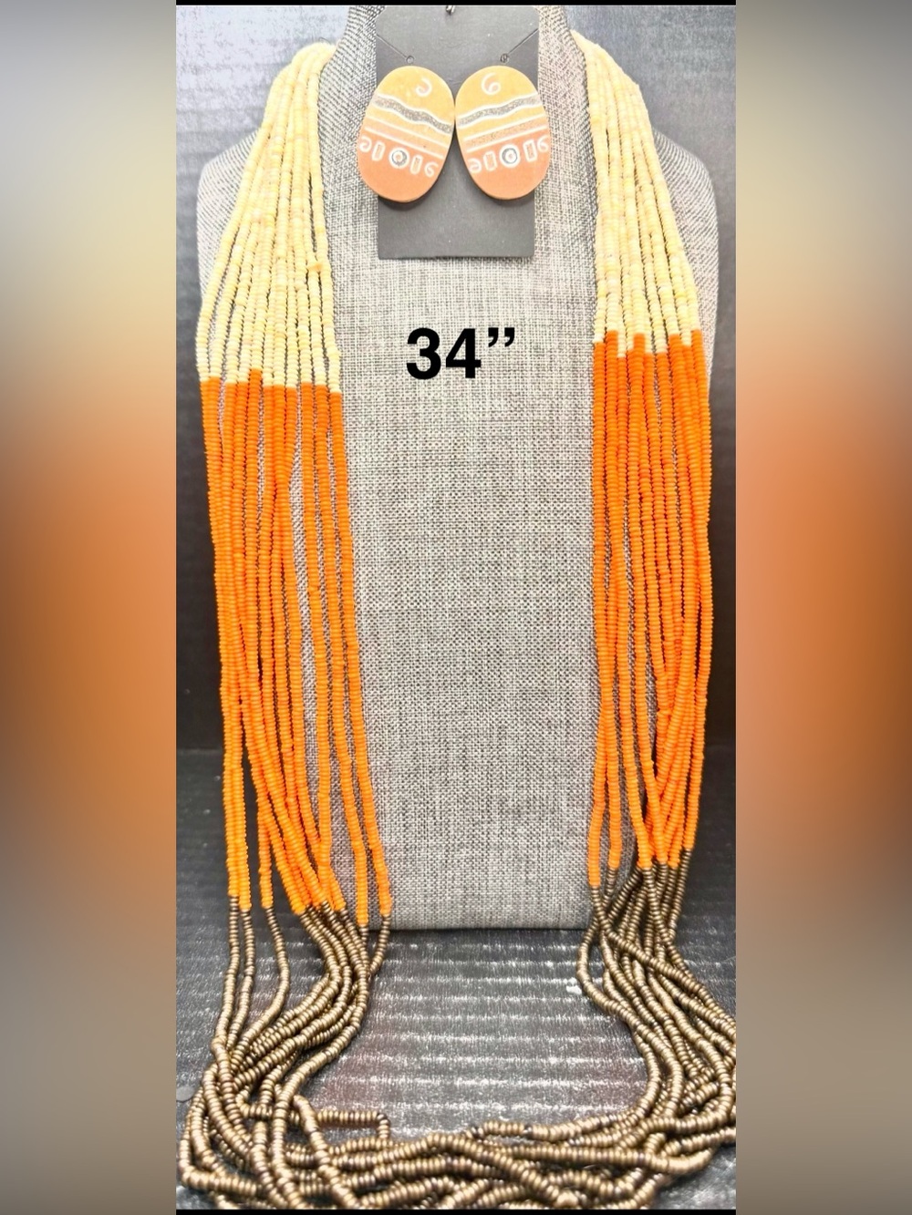 Beaded Tassel Necklace - Orange & Cream